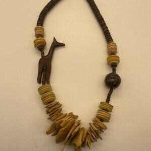 EUC VTG Tribal Safari Carved Wood Giraffe Bead Statement Necklace